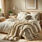 Dall·e 2024 11 07 11.07.53 A Realistic Photo Of A Cozy Bedroom Setting Featuring An Organic, Eco Friendly Blanket Made Of Natural Materials Like Tencel Or Cotton. The Blanket Ha